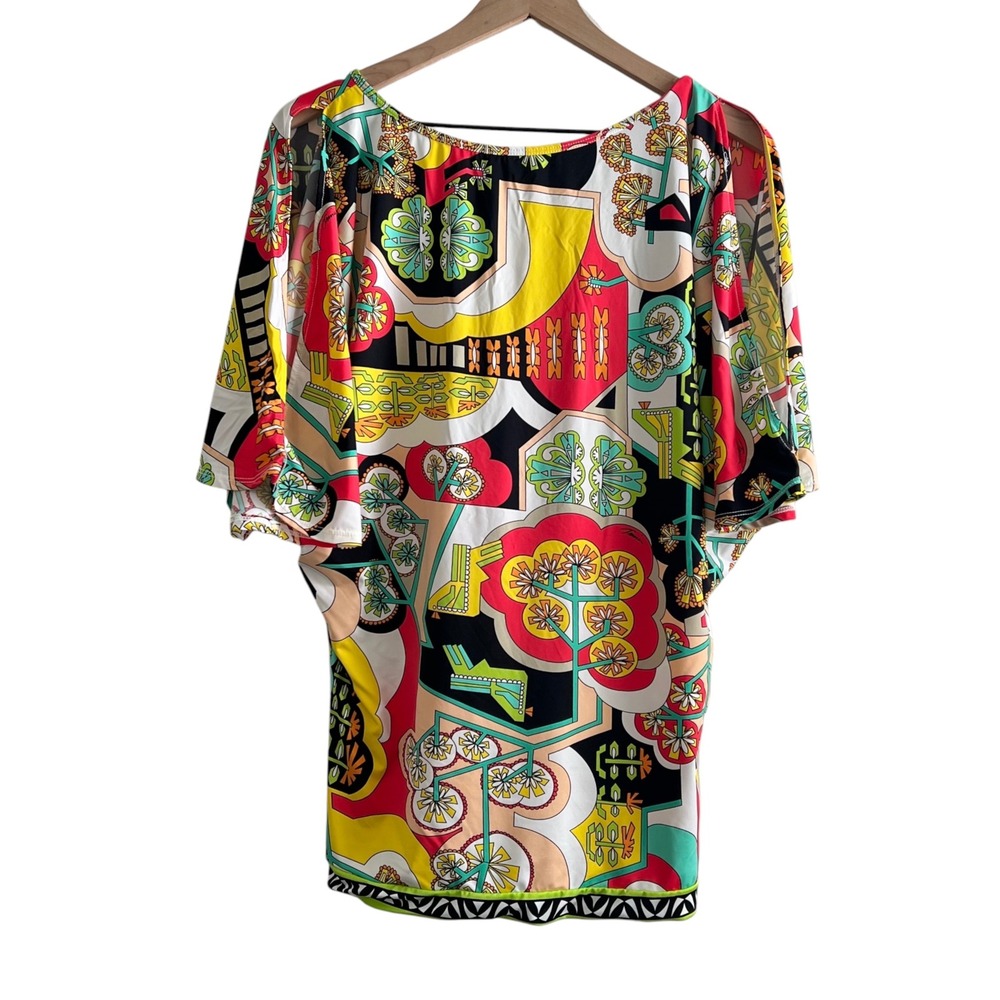 Trina Turk Cold Shoulder Jersey Tunic Top Size S Colorful Print Tie Back Resort